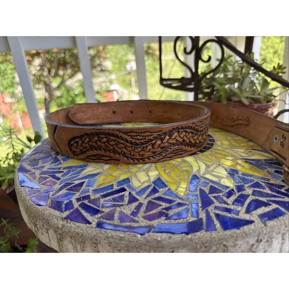 Vintage Hand-Tooled Leather Belt Eagle Motif Braided Western Artisan Crafted 38